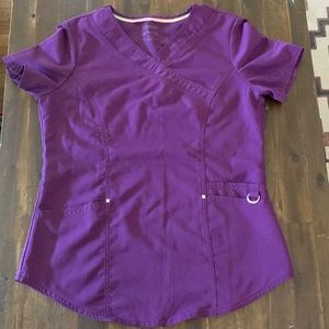 Scrubstar women’s Eggplant mock wrap scrub top (XS).